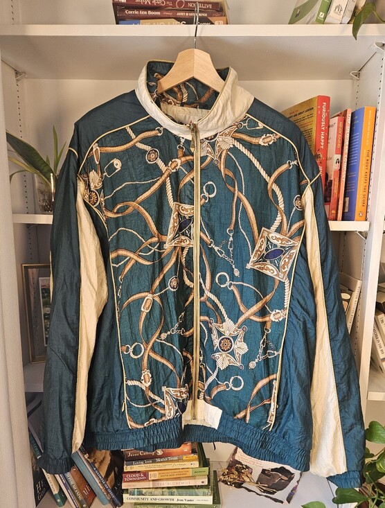 Active Frontier Jackets & Blazers - Vintage Bomber Jacket Equestrian Gold Chain Print Teal Cream Ornate Size XL